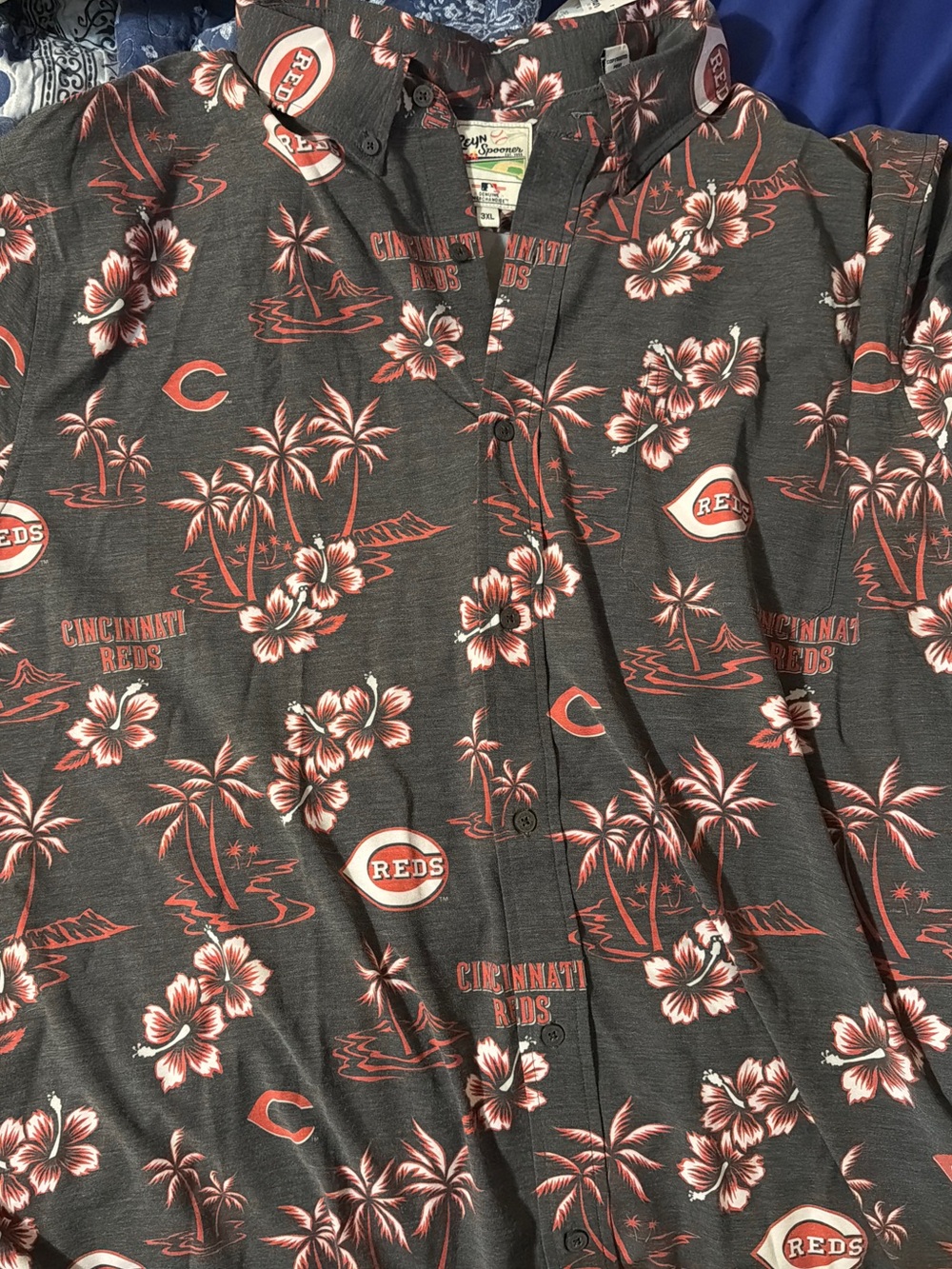 reyn spooner Gray and Red Cincinnati Reds Floral Hawaiian Button-Down